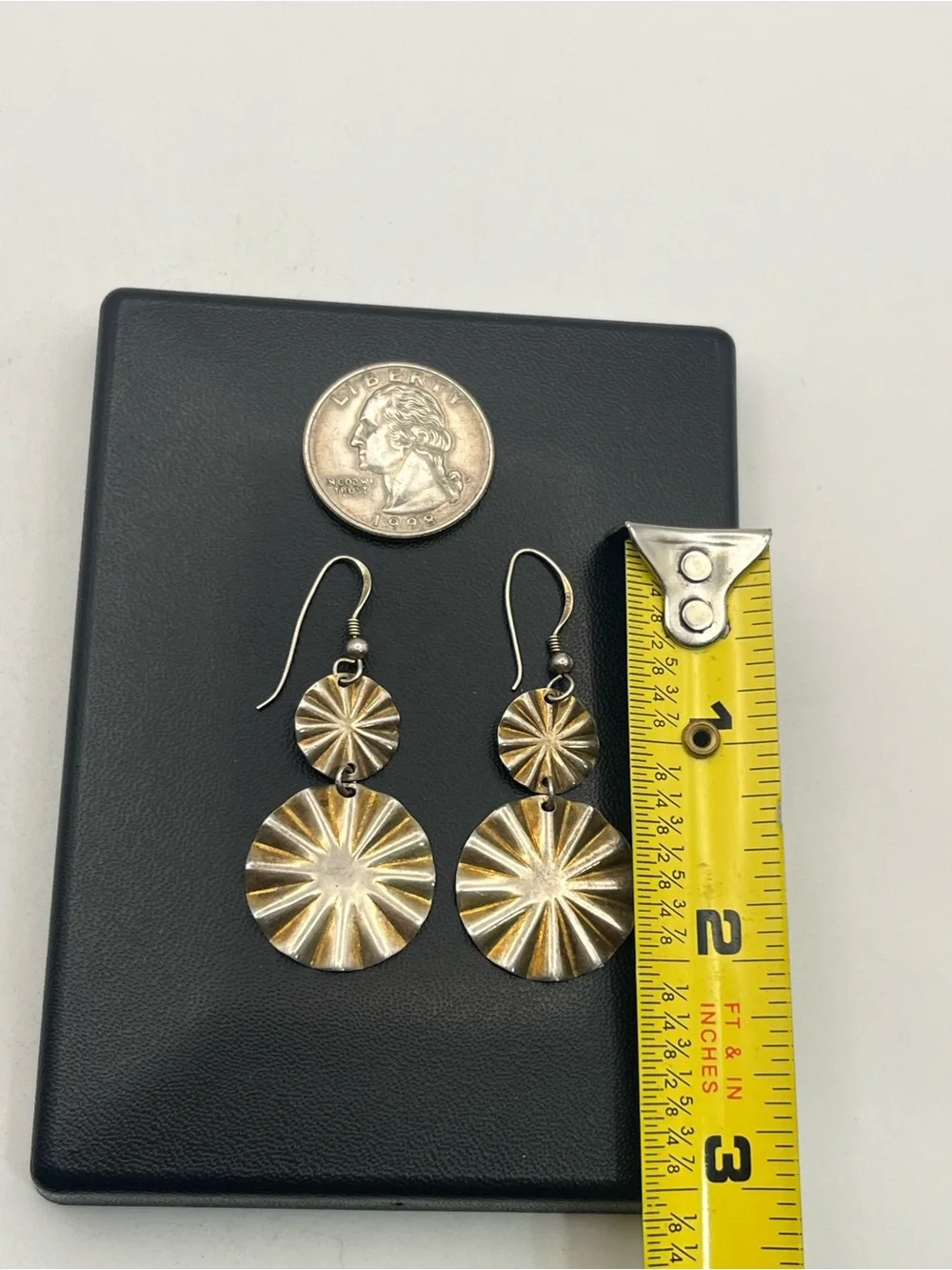 Gold washed sterling silver textured round scalloped dangle vintage earrings
